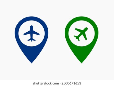 Puntero de mapa con icono de avión . Vector de icono de pin de avión y ubicación . Icono de pin de ubicación del aeropuerto ux ui destino, dirección
