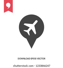 Map pointer with airplane icon on white background. Vector illustration
