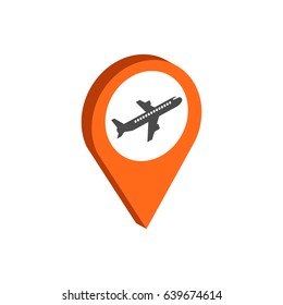 Map Pointer with Airplane symbol. Flat Isometric Icon or Logo. 3D Style Pictogram for Web Design, UI, Mobile App, Infographic. Vector Illustration on white background.