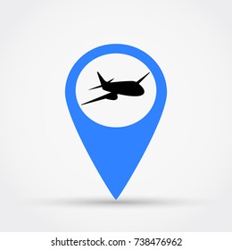 Map pointer with airplane vector icon.