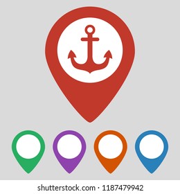 Map pointer with anchor icon on grey background. Vector illustration