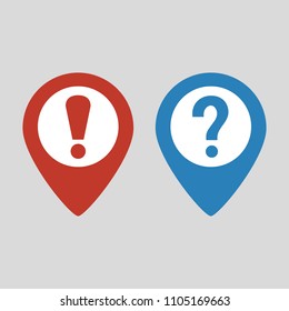 Map pointer with attention and question sign. Vector illustration