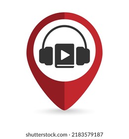 Map pointer with audiobook icon. Vector illustration.