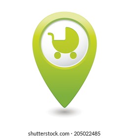 Map pointer with baby carriage icon.