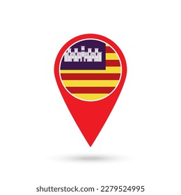 Map pointer with Balearic Islands flag, autonomous community of Spain. Vector illustration.