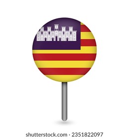 Map pointer with Balearic Islands flag, autonomous community of Spain. Vector illustration.