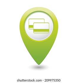 Map pointer with bank credit cards sign. Vector illustration