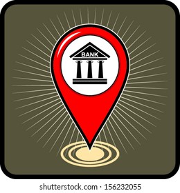 Map pointer with bank icon. Vector illustration 
