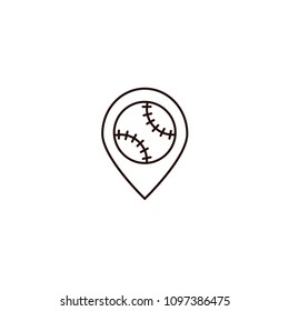 Map pointer with baseball - line icon on isolated background. Pin marker sign, symbol, pictogram in outline design.