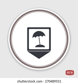 Map pointer. Beach and umbrella icon. Flat design style. Made in vector illustration. Emblem or label with shadow.