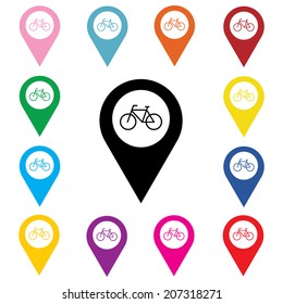 Map pointer with bicycle icon. Vector illustration