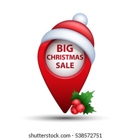 Map pointer with Big Christmas Sale inscription, vector realistic red Xmas illustration.