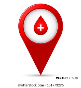 Map Pointer With Blood Drop And Cross Sign Inside