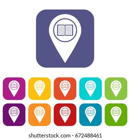 Map pointer with book icons set vector illustration in flat style In colors red, blue, green and other