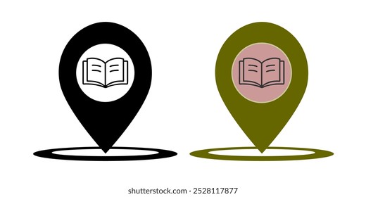 map pointer with a book, library location icon vector. set of black and white and colored