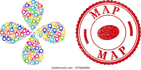 Map pointer bright explosion abstract flower, and red round MAP scratched badge. Map pointer symbol inside round watermark. Object flower organized from scattered map pointer symbols.