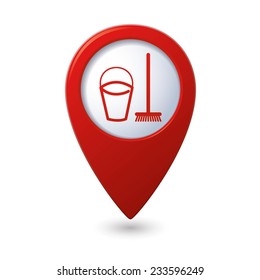 Map pointer with bucket and mop for cleaning icon. Vector illustration isolated on white background