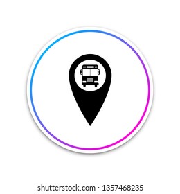 Map pointer with bus icon isolated on white background. Circle white button. Vector Illustration