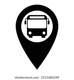 Map pointer with bus vector icon. Bus station location pin symbol. Mark on the map. Global positioning system GPS pictogram.