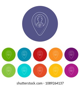 Map pointer with businessman icon in outline style on a white background