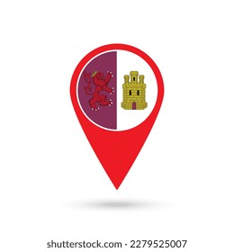 Map pointer with Caceres flag, provinces of Spain. Vector illustration.