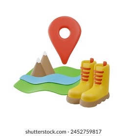 Map with pointer, camping boots 3D style composition. Travel navigation, hiking, climbing or walking. Tourist trekking outdoor activity, sport nature adventure. Vector cartoon render