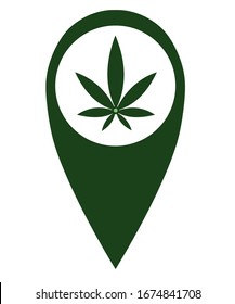 Mapa Puntero con icono de cannabis. Ilustración vectorial aislada sobre fondo blanco