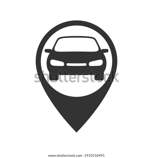 Map pointer with car graphic icon. Rent a
car sign isolated on white background. Symbol of car sharing.
Vector illustration