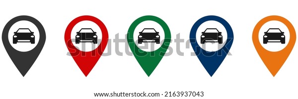 Map pointer\
with car graphic icon.  Car point. Car exchange logo. Car rental\
service icon. Vector\
illustration.