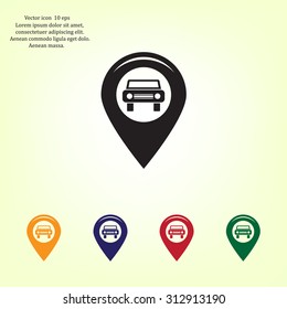 Map pointer with car icon. Vector illustration