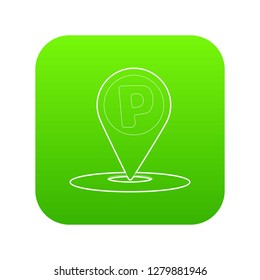 Map pointer with car parking sign icon green vector isolated on white background