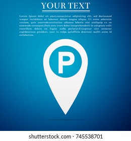 Map pointer with car parking sign icon isolated on blue background. Flat design. Vector Illustration