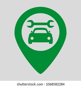 Map pointer with car service icon on grey background. Vector illustration