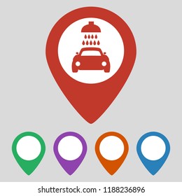 Map pointer with car wash icon on grey background. Vector illustration