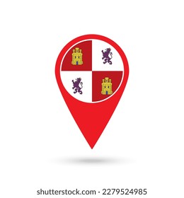 Map pointer with Castile and Leon flag, autonomous community of Spain. Vector illustration.