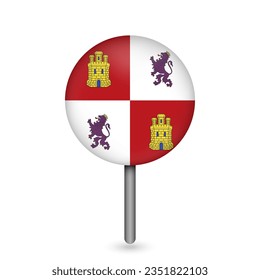 Map pointer with Castile and Leon flag, autonomous community of Spain. Vector illustration.
