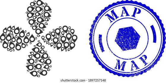 Map pointer centrifugal abstract flower, and blue round MAP rubber print with icon inside. Element twist done from oriented map pointer items. Vector flower collage in flat style.