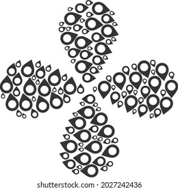 Map pointer centrifugal flower cluster. Object flower designed from oriented map pointer items. Vector flower collage in flat style.