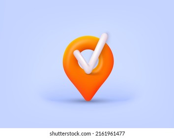 Map pointer with check sign. Location symbols. 3D Web Vector Illustrations. 