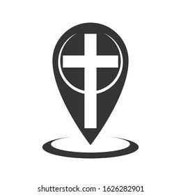 Map pointer with christian cross icon. Vector illustration in flat design. Location pin icon isolated