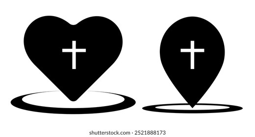 Ponteiro de mapa com ícone de cruz cristã. Ilustração vetorial em design plano. Ícone de pin isolado