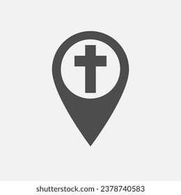 Puntero de mapa de la organización cristiana. Concepto creativo del logo de la iglesia. Colores en blanco y negro. Diseño plano. Flecha de ubicación Gps. Plantilla gráfica aislada. Icono religioso. Símbolo del pin del navegador. 