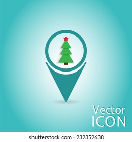 Map pointer with Christmas tree. Flat design style. Made in vector