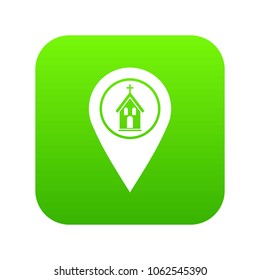 Map pointer with church, cathedral or temple sign icon digital green for any design isolated on white vector illustration