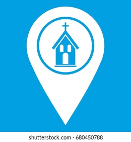 Map pointer with church, cathedral or temple sign icon white isolated on blue background vector illustration