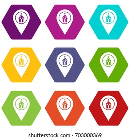 Map pointer with church, cathedral or temple sign icon set many color hexahedron isolated on white vector illustration