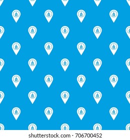 Map pointer with church, cathedral or temple sign pattern repeat seamless in blue color for any design. Vector geometric illustration