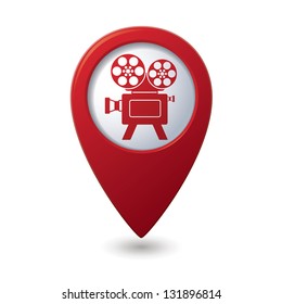 Map pointer with cinema icon. Vector illustration