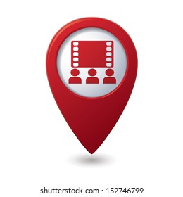 Map pointer with cinema icon. Vector illustration