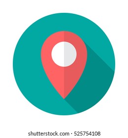 Map pointer circle icon with long shadow. Flat design style. Map pointer simple silhouette. Modern round icon in stylish colors. Web site page and mobile app design vector element.
